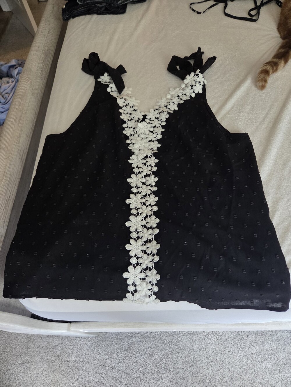 SHEIN Black Tank Top with White Floral Lace Trim